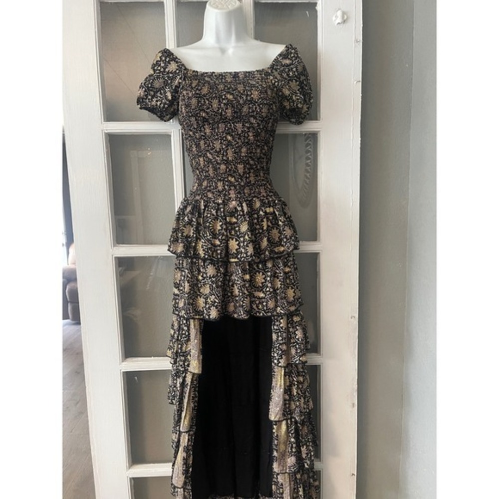 Muche et Muchette Black Gold Floral Smocked High-Low Tiered Ruffle Maxi Dress - Picture 7 of 10